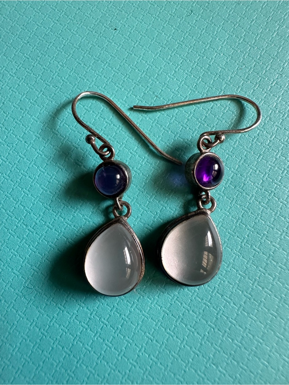 Vintage Sterling Moonstone And Amethyst Mystic Dangle Earrings